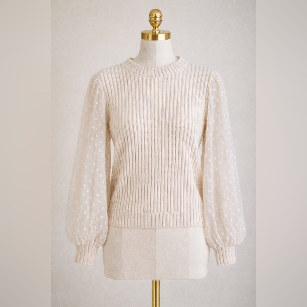 Zara Cream Women's Sweater with Textured Sleeves